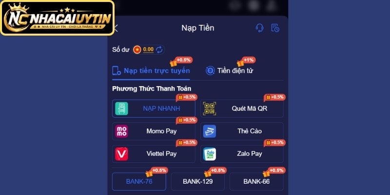 Thao tác nạp tiền 99WIN theo từng phương thức